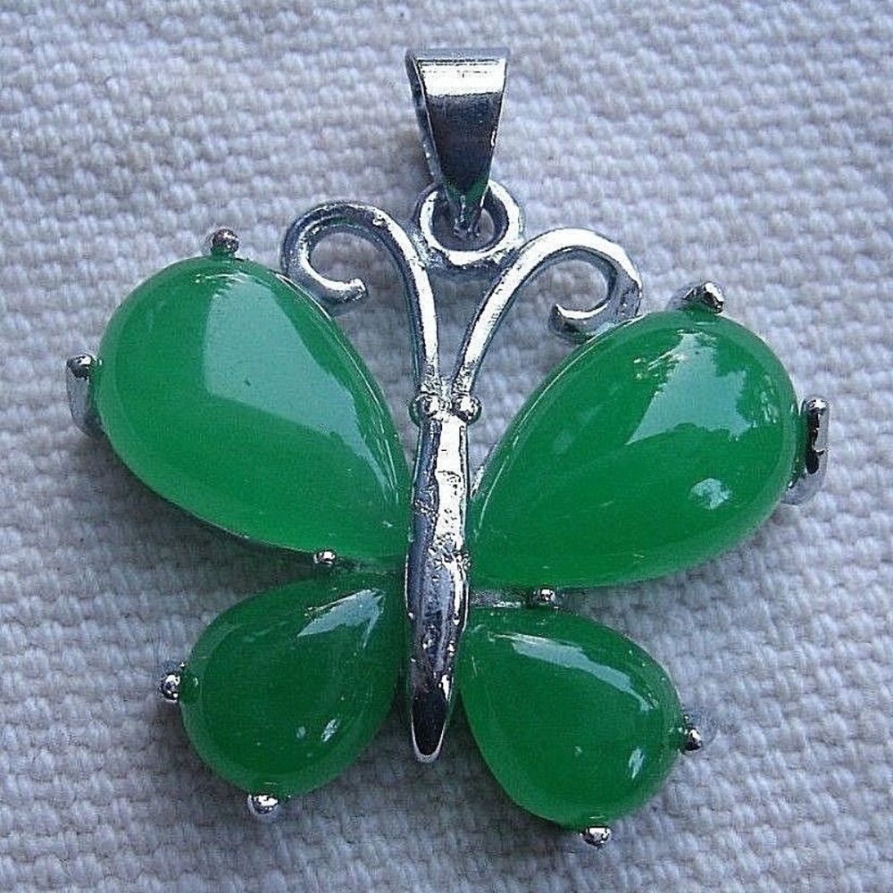 Green Agate Butterfly Pendant Sterling Silver Plated